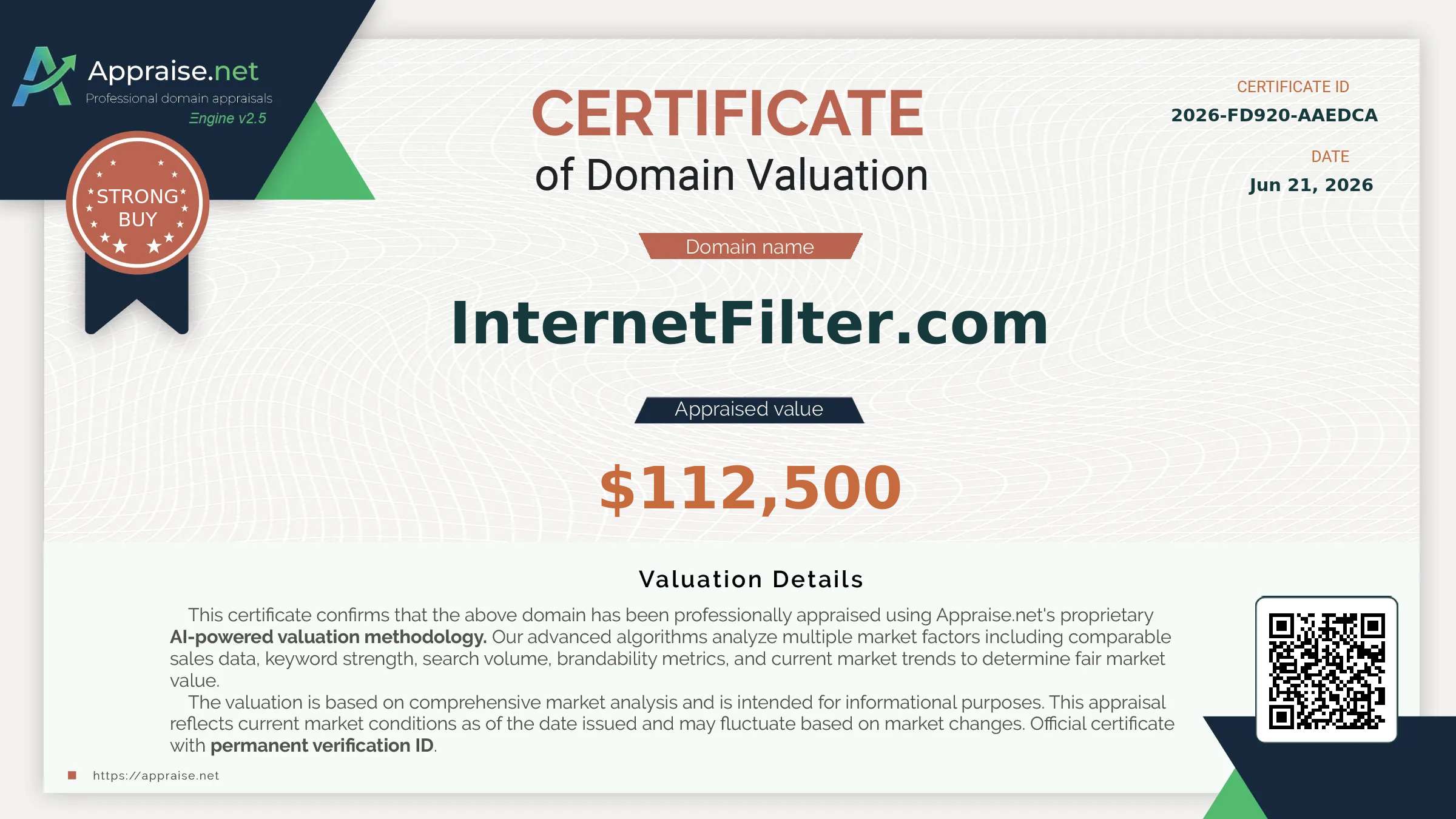 Appraise.net certificate for InternetFilter.com